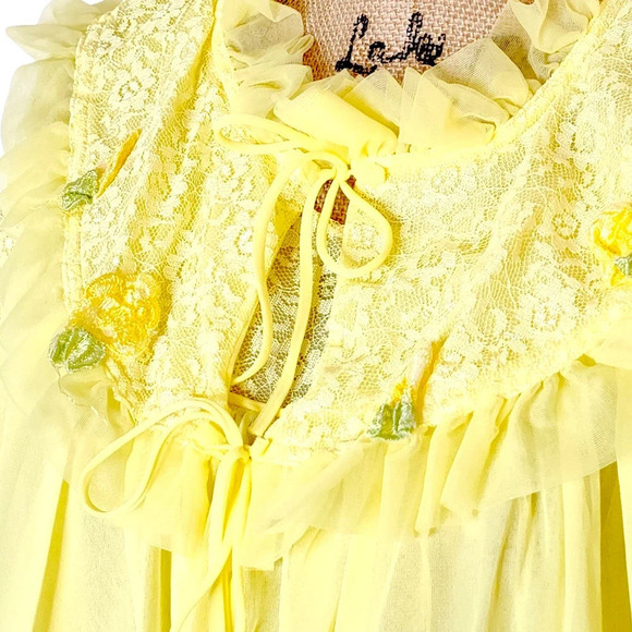 Vintage 60 70s Matching Peignoir Lace sheer Chiffon Set Size Large Medium Yellow - Picture 9 of 16
